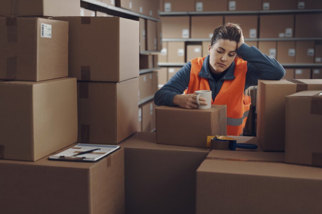 Female warehouse employee experiencing mental health issues due to her financial stress