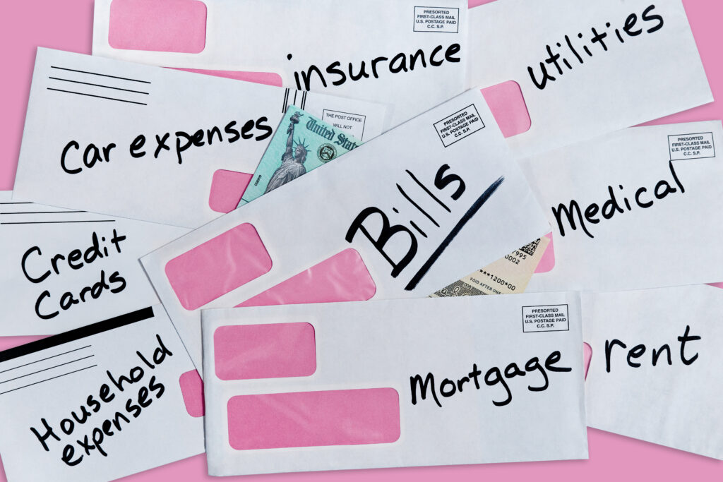 Empty envelopes for mortgage, credit cards, bills, and utility payments