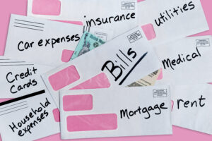 Empty envelopes for mortgage, credit cards, bills, and utility payments